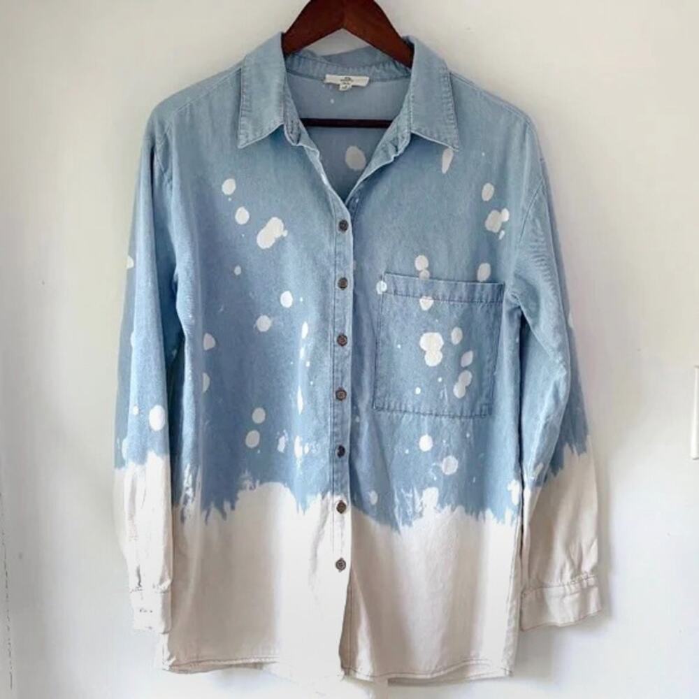 Entro Oversized Denim Button Down Shirt Women S Bleached Artsy Boho Beach EUC